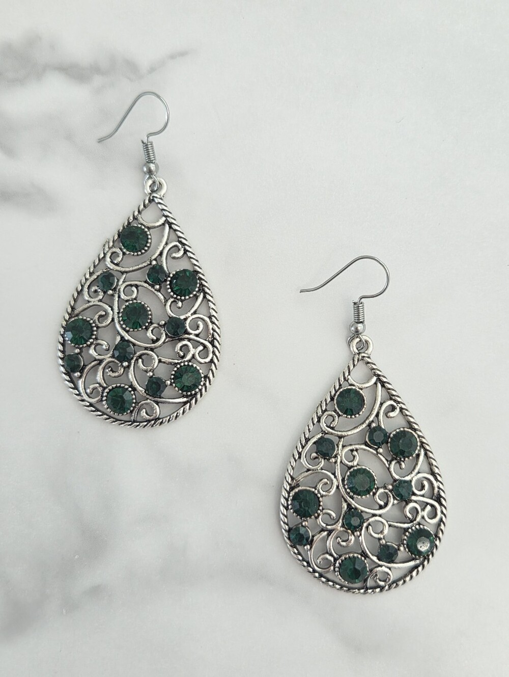 Paparazzi Silver Filigree Teardrop Earrings with Emerald Rhinestones - Picture 5 of 12